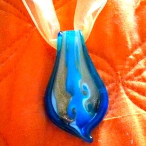 BLOWN GLASS TURQUOISE AND GOLD WAVE PENDANT ON YELLOW ADJUSTABLE RIBBON 3 INX2IN